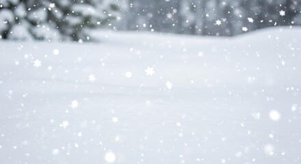 A subtle, bright winter scene dominated by a blanket of fresh snow and continuous snowfall, creating a soft, blurry background with the gentle outlines of distant pine trees.