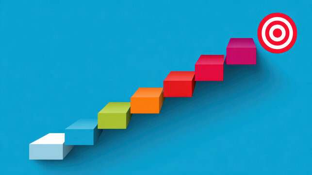 Motivational concept of colorful stair showing step by step strategy and planning for future progress, leading to successful goal and target