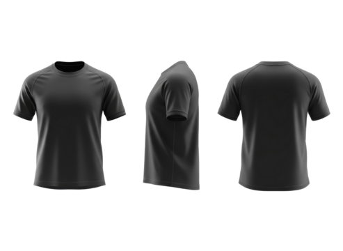 Black Plain Jersey T-Shirt Mockup Front, Side, and Back View on Transparent Background, Perfect for apparel branding, logo placement, product display, fashion design templates, or e-commerce catalog.