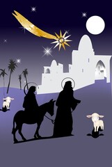 Christmas composition with Mary and Joseph traveling to Bethlehem