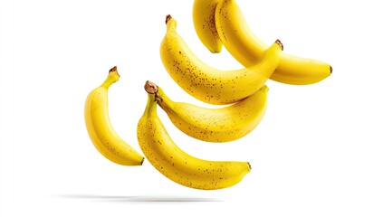 Yellow bananas levitate in mid-air, a few slightly overlapping