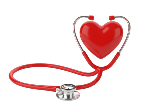 Red heart symbol intertwined with a stethoscope, symbolizing heart health and medical care, isolated on transparent background