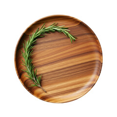 A perfectly round, rustic wooden serving platter with rich walnut grain and a vibrant green rosemary sprig, centered on a seamless transparent background for a natural product concept