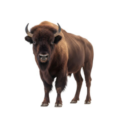 A Majestic European Bison Stands Proudly Isolated on a Transparent Background Facing Forward with Intense Stare and Detailed Fur Texture