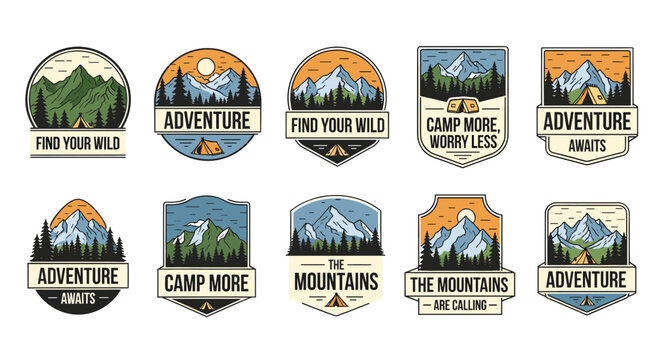 A collection of ten vintage-style logo badges for outdoor adventure, camping, and mountain exploration. - Powered by Adobe