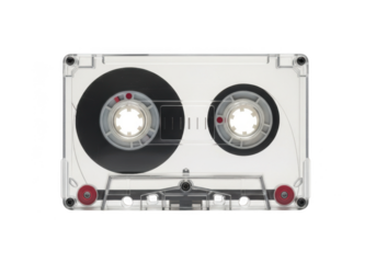 A clear plastic audio cassette tape, isolated on transparent background