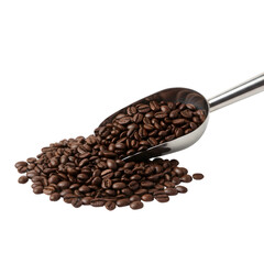A Metal Scoop Pours Dark Roasted Coffee Beans Onto A Pile Of Beans Isolated On A Transparent Background
