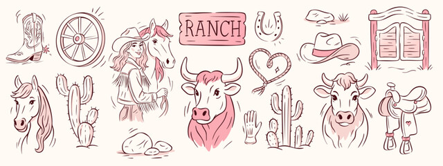 A cowgirl western pink illustration set with a horse, hat, and ranch details drawn in a whimsical vintage style. A cowgirl western vector set for a bachelorette theme, retro country or desert design.