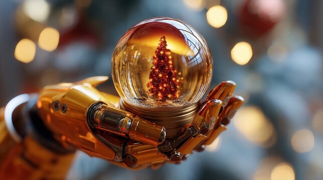 christmas festival A robotic hand holds a snow globe featuring a Christmas tree.