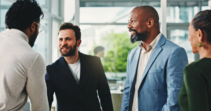 Shaking hands, meeting and business people for partnership, deal or thank you in office. B2B merger, team and handshake for welcome, congratulations or client introduction for collaboration agreement