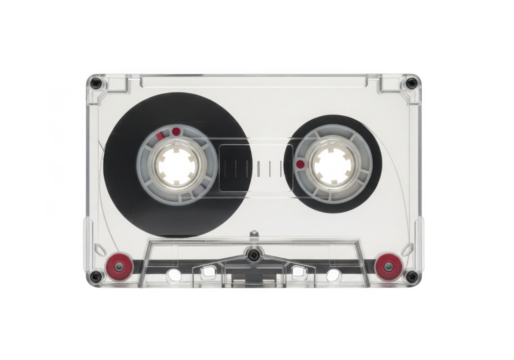 A clear plastic audio cassette tape, isolated on transparent background