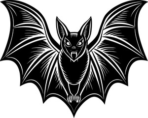 A monochrome, linework illustration of a bat with its wings spread wide. The bat is centered in the image, facing the viewer directly. Its body is small and rounded, with short, clawed feet. The wings
