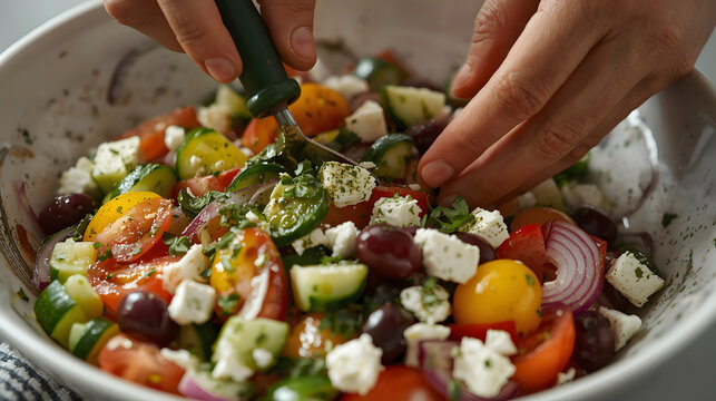 A hand mixes a vibrant, fresh Mediterranean salad in a bowl with healthy vegetables and feta cheese.