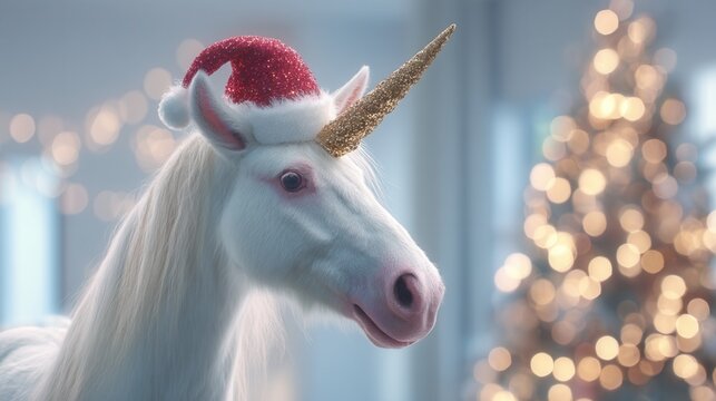 christmas festival Whimsical unicorn wearing a festive Santa hat with holiday decorations. - Powered by Adobe