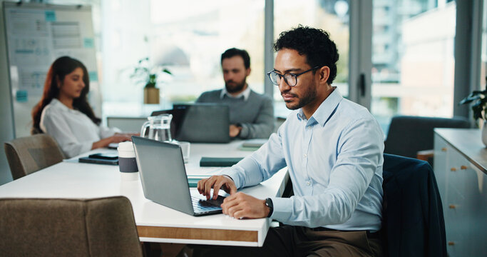 Typing, laptop and research with business man in office for assets, account report and planning. Portfolio manager, broker review and online with person in agency for risk assessment and reading