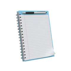 A Blue Spiral Notebook with a Silver and Black Pen on a White Paper With Dots and a Red Line Isolated on a Transparent Background