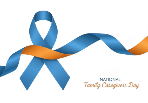 Blue and orange ribbon representing national family caregivers day isolated on transparent background