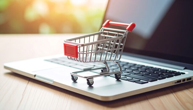 Miniature Shopping Cart on Laptop Keyboard for Online Shopping
