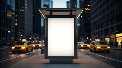 Blank advertising light box on bus stop, mockup of empty ad billboard on night bus station, template banner on background city street for poster or sign, afisha board and headlights of taxi cars.