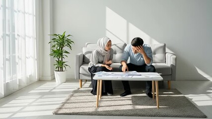 A couple, dressed in formal attire, sits on a couch in a bright room, looking at paperwork - Powered by Adobe