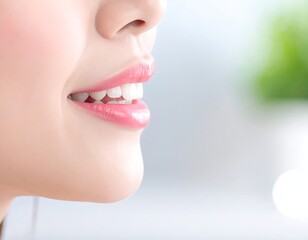 Obraz premium Close-up of a smiling mouth with bright teeth and pink lips