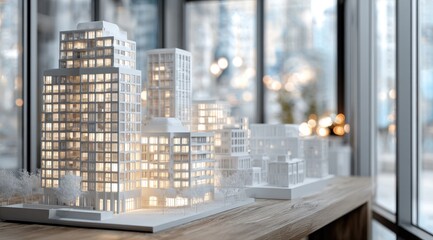 White model city, lit windows
