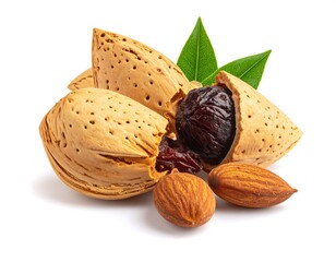 Close-up of cracked almond shells with the nuts and leaves