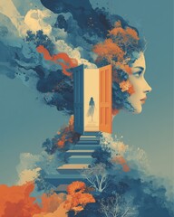 Surreal illustration representing leadership and vision. A woman&rsquo;s profile with an open door and bright path symbolizes inspiration, creativity, and forward thinking. 