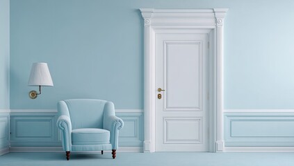 Fototapeta premium Light blue room with armchair and door