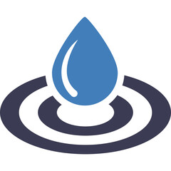 Blue water drop falling into dark blue ripples on a clean isolated background symbolizing purity...