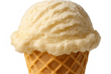 Vanilla ice cream scoop in a waffle cone on transparent background. Sweet creamy dessert snack for summer enjoyment