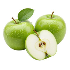three crisp green apples, two whole, one sliced with seeds and water droplets, a leaf, isolated on a transparent background with bright studio lighting, concept for fresh produce advertising