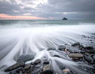 Long exposure of waves rushing over a pebbled shore beneath a cloudy sky