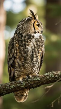 Owl perched on a branch with striking plumage and alert gaze in dappled sunlight.