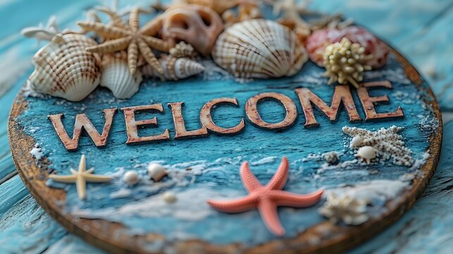 Coastal welcome sign decorated with seashells and starfish for a beach house