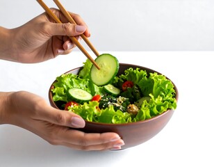 Close-up of hands using chopsticks to add cucumber to salad bowl