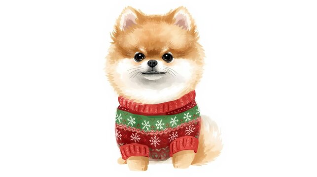 Playful pomeranian dog in festive sweater indoor setting digital illustration warm ambiance adorable concept