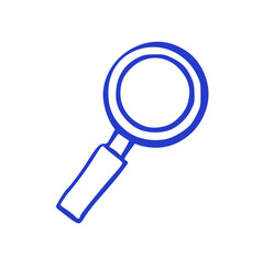 hand-drawn blue magnifying glass icon with thick outline, representing search, research, discovery, analysis, and investigation.