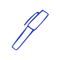 hand-drawn blue marker pen icon with thick outline and cap, representing writing, drawing, creativity, and office supplies.