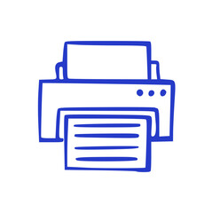 Hand Drawn Printer Machine Doodle Icon: Simple Blue Sketch Vector Illustration of Document Printing, Office Equipment, Technology, and Business Work