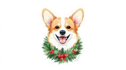 Joyful corgi dog with christmas wreath festive atmosphere pet illustration cheerful vibe