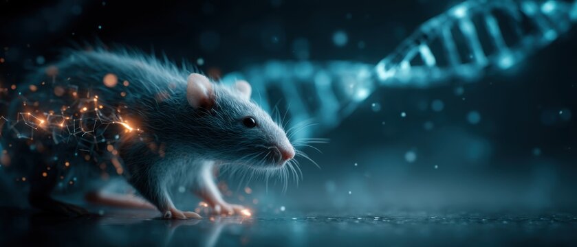 Genetically modified laboratory rat with DNA helix background