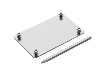 A brushed stainless steel plate, four polished Phillips head screws, and a sleek silver stylus, isolated on transparent under bright studio lighting, concept of precision engineering