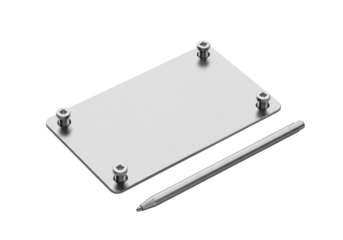 A brushed stainless steel plate, four polished Phillips head screws, and a sleek silver stylus, isolated on transparent under bright studio lighting, concept of precision engineering
