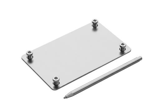A brushed stainless steel plate, four polished Phillips head screws, and a sleek silver stylus, isolated on transparent under bright studio lighting, concept of precision engineering