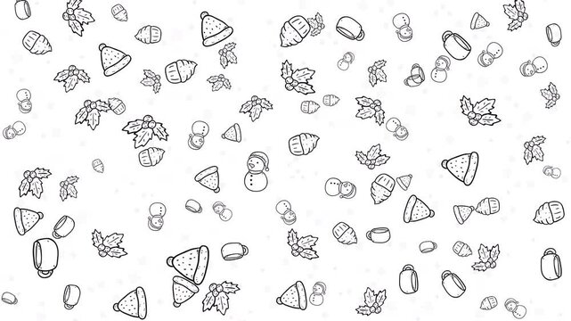 Doodle christmas pattern on 4k animated. Looping animation featured lineal icon of snowman, christmas hat, leaf wreath and other. Winter holiday background or video presentation