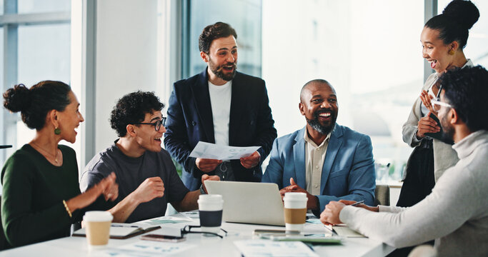 Business people, surprise and excited at office meeting, finance and achievement with revenue goals. Team, men and women with good news, profit and review charts with success at investment agency