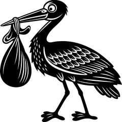 A cartoon stork, centered and in profile, strides purposefully from left to right. The stork is illustrated in black and white, featuring a long, pointed beak and large, expressive eyes. It carries a 