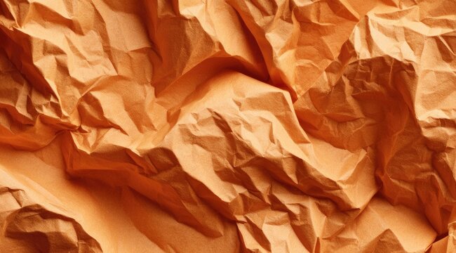 Close-up of crumpled, light orange paper.  Crinkled, textured surface