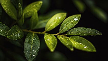 Close-up of dewy green leaves on a branch